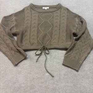 Vigold Cable Knit Cropped Sweater Tie Front Brown Long Sleeve Boho 0755